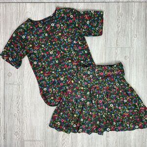 Vintage Rafferty Women's Outfit Set Short Sleeve Top Small, Skirt 7/8 Floral Gre